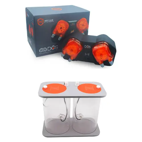 The Neptune DOS Combo with DOS dosing system and dual reservoir for Apex-integrated aquarium maintenance and liquid storage.