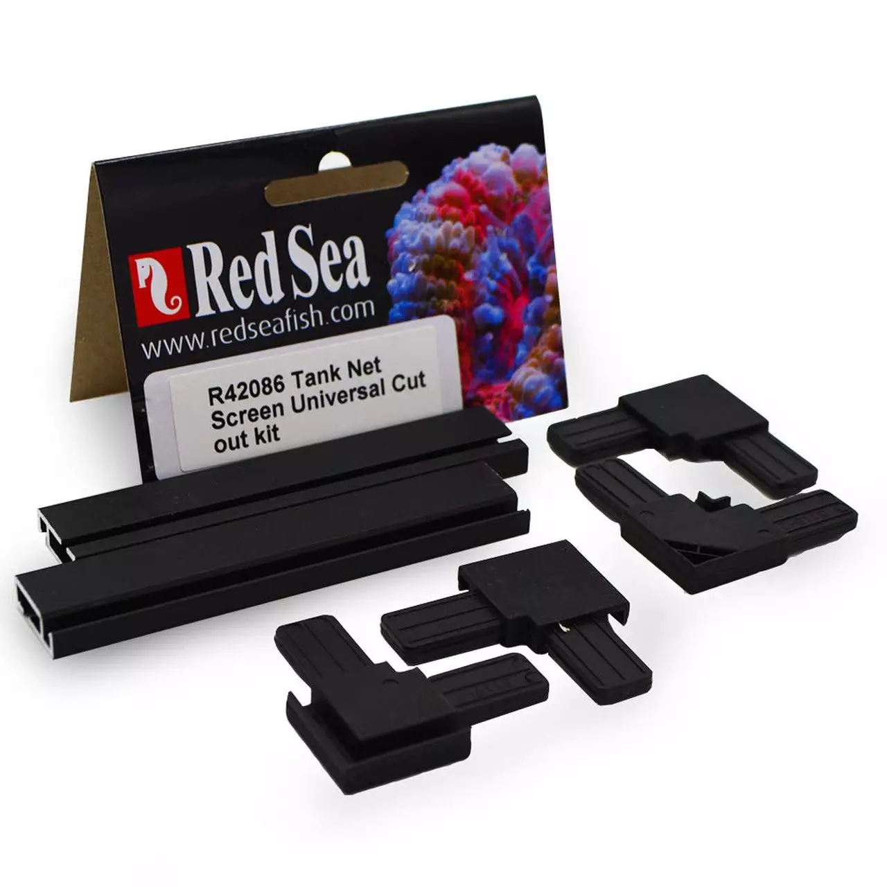 Red Sea black silicone filter cover for aquariums, with customizable aluminum frame and components for a perfect fit.