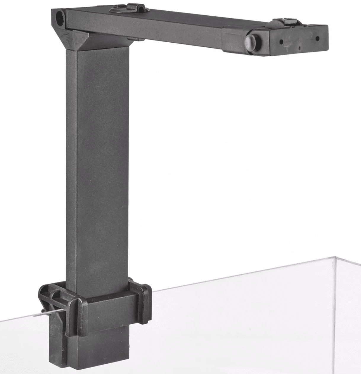 A black metal bracket with a clear glass surface. Perfect for tank-mounted lights on aquariums 18.25" to 27.5" wide. Easy assembly and removal.