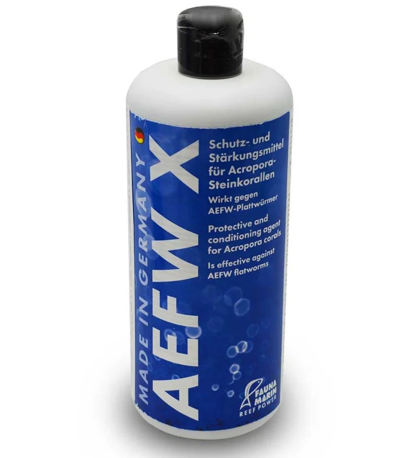 Fauna Marin AEFW X 1000 ml flatworm treatment for reef aquariums, safe for corals and marine life, fast-acting formula.