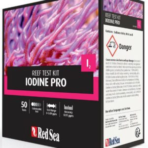 Red Sea Iodine Pro Test Kit with reagents, color chart, and test vial for accurate iodine monitoring in reef aquariums.