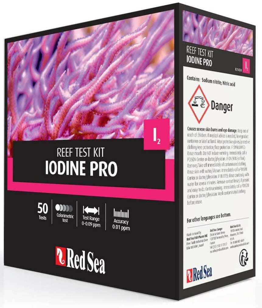 Red Sea Iodine Pro Test Kit with reagents, color chart, and test vial for accurate iodine monitoring in reef aquariums.