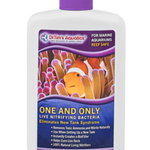 A bottle of Dr. Tim’s Aquatics Live Nitrifying Bacteria, designed to instantly cycle aquariums by removing ammonia and nitrite for a healthy tank.