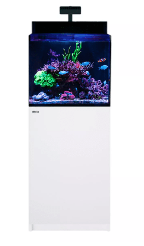 MAX Nano G2 XL Complete System Aquarium with White Cabinet featuring ReefLED lighting and premium filtration components for coral health.