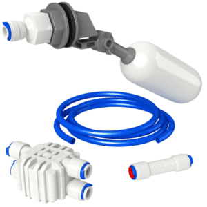 AquaticLife Float Valve Kit with auto shut-off for RO and RO/DI systems, preventing overflows and improving water efficiency with quick-connect fittings.