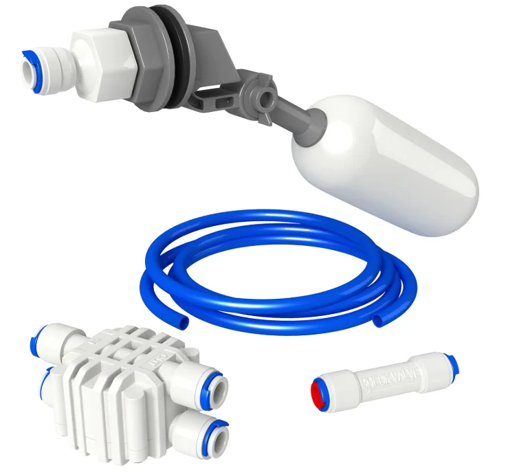 AquaticLife Float Valve Kit with auto shut-off for RO and RO/DI systems, preventing overflows and improving water efficiency with quick-connect fittings.