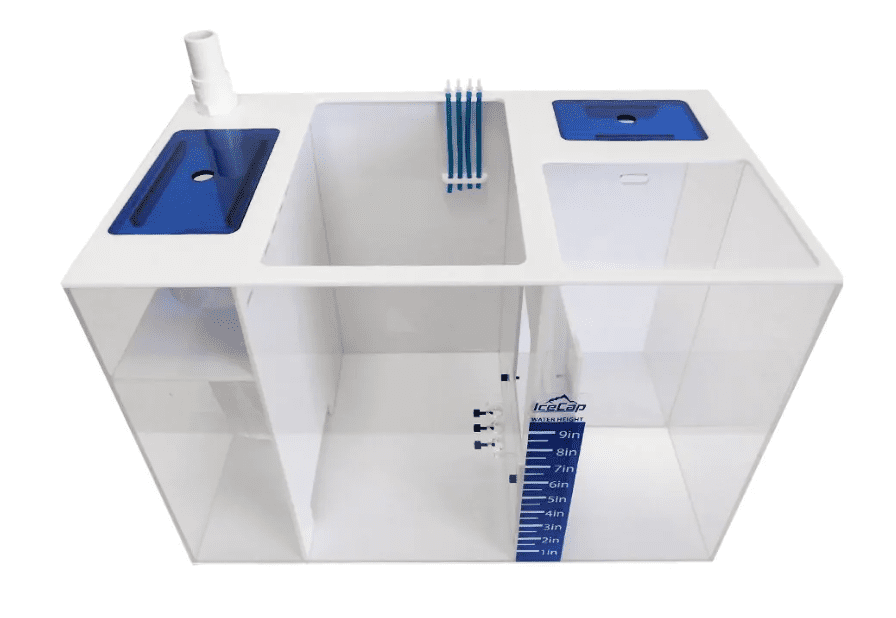 IceCap 24 Reef Sump with built-in filter sock holder, triple probe bracket, bubble-diffusing intake chamber, and a 3-gallon freshwater reservoir for reef aquariums.