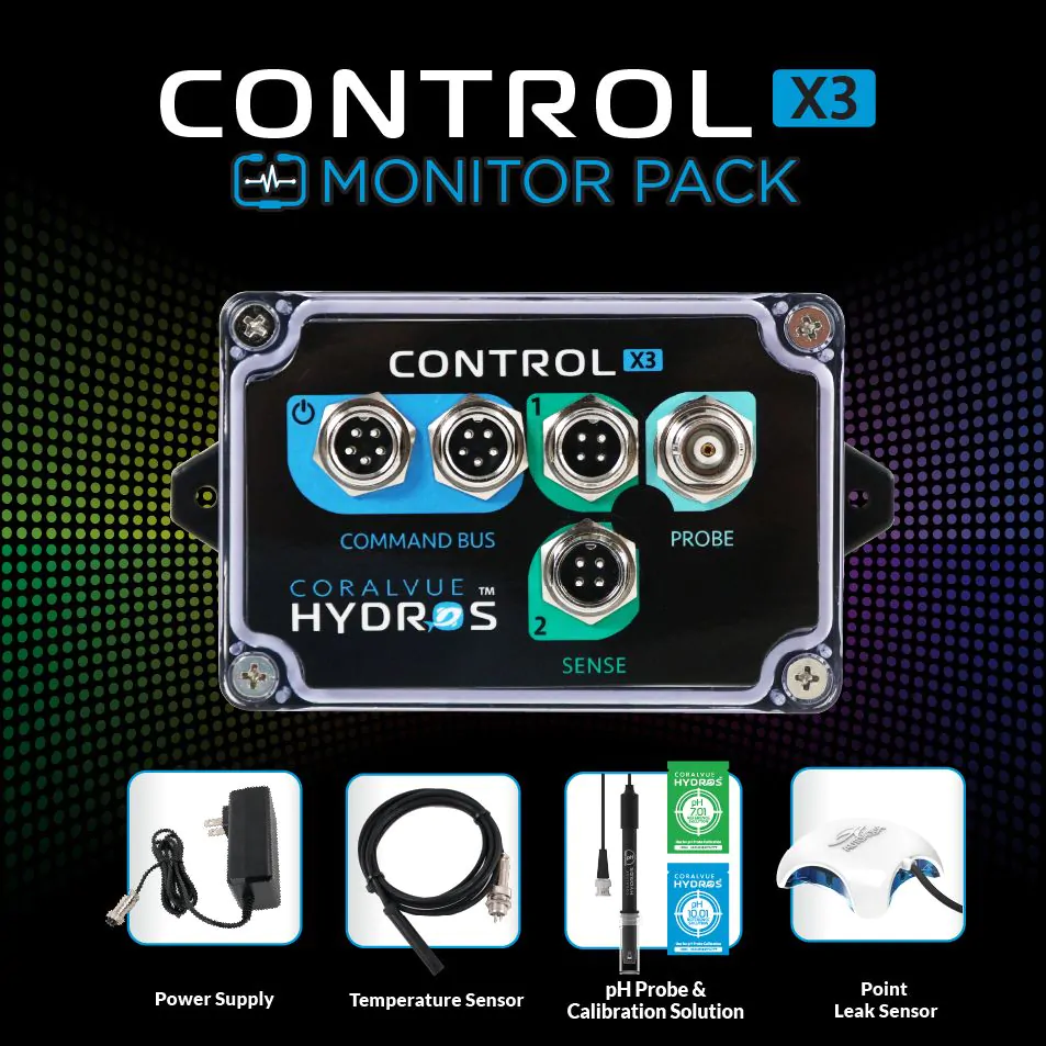 Hydros Control X3 Monitor Pack smart aquarium controller shown with multiple detection tools for saltwater tanks