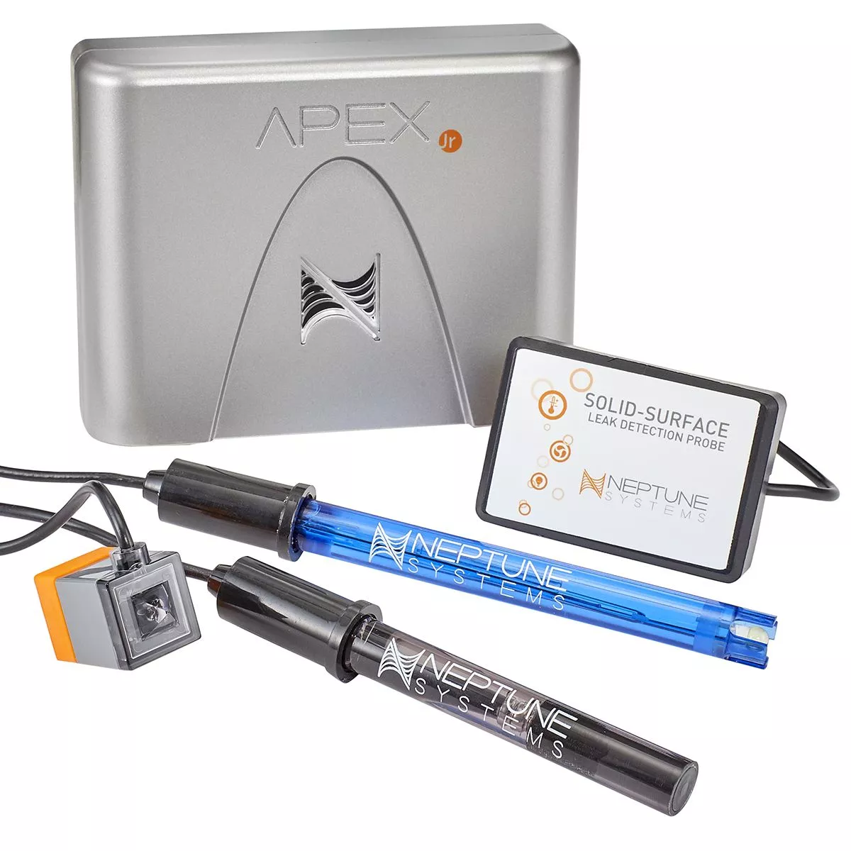 Neptune Apex A3 Jr controller kit with sensors for temperature, pH, leak, and water level, perfect for aquarium system monitoring.