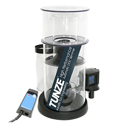 Wide angle view of Tunze DOC Skimmer 9430 DC installed in a sump system with post-filter and silent skimming chamber