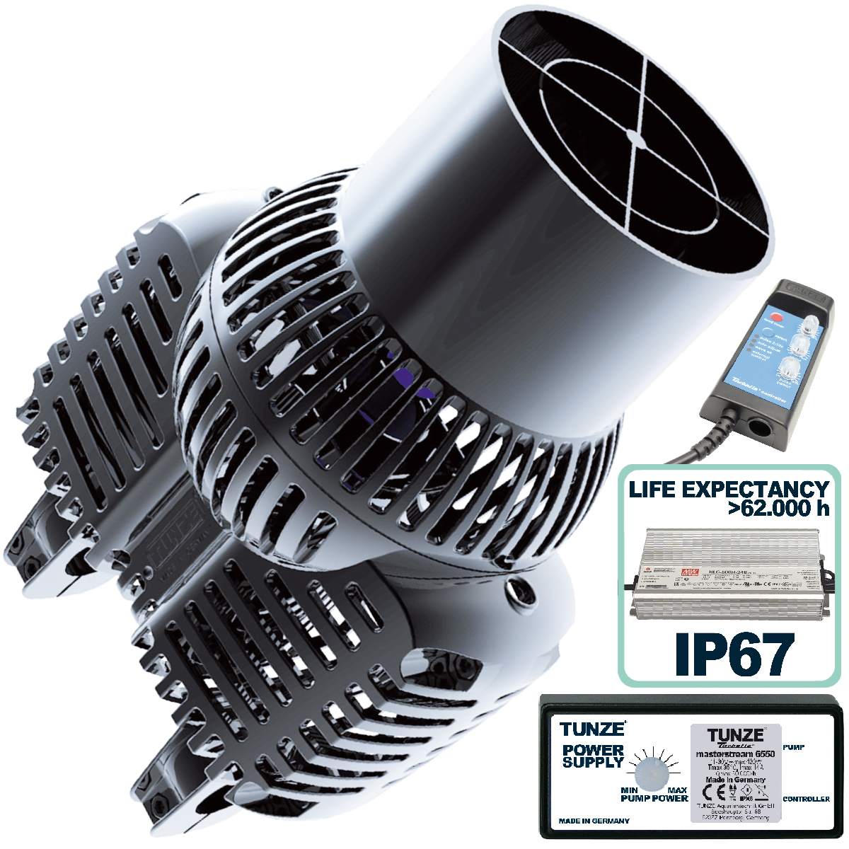 Tunze Turbelle Masterstream 6580.15 circulation pump with flow rectifier and propeller for large-capacity reef aquariums.