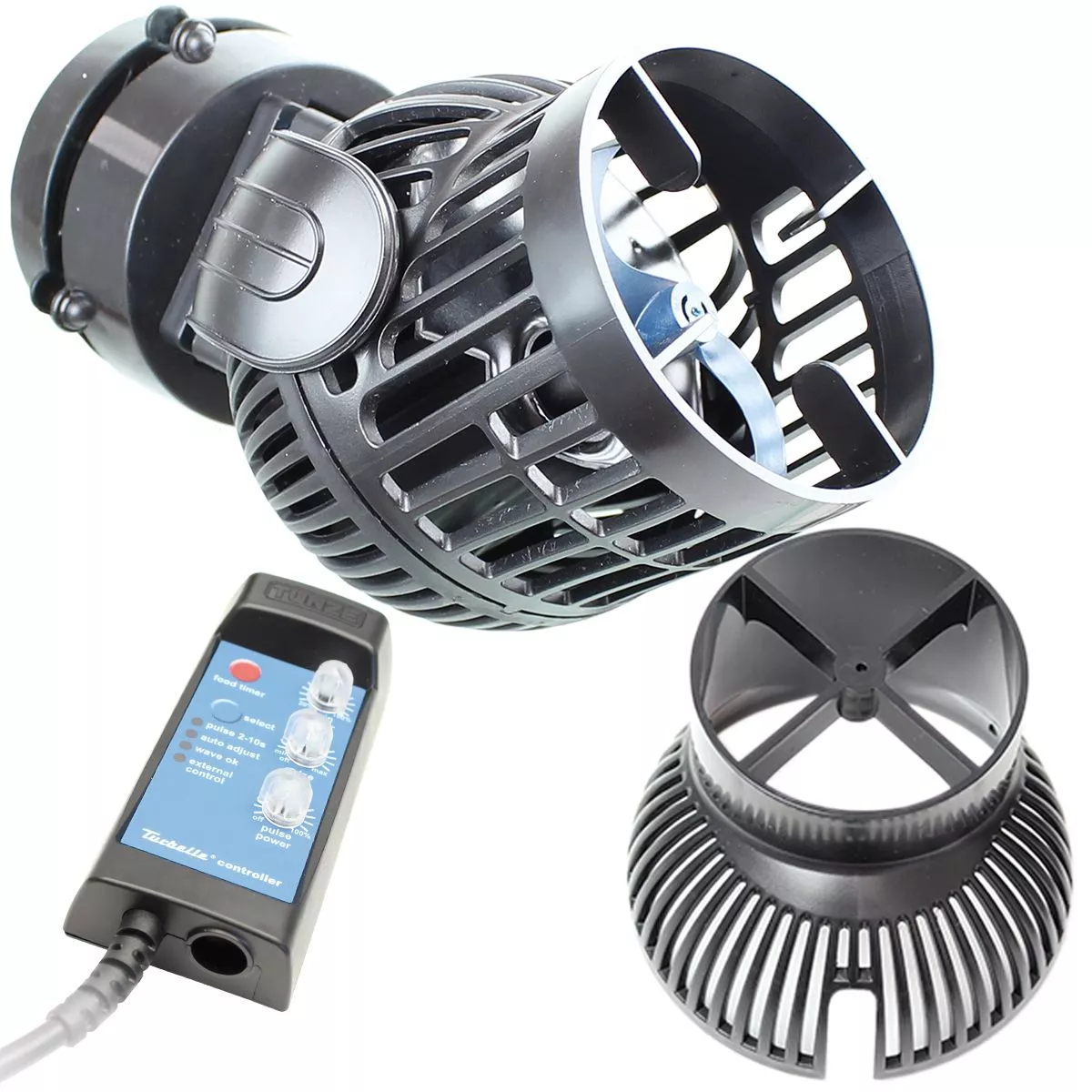 Tunze Turbelle Stream Eco 6255 circulation pump shown with protective housing and magnet mount.