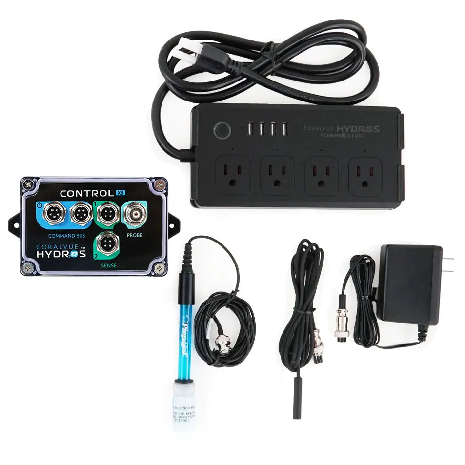 Hydros COntrol X3 Starter Pack for reef tank automation with pH probe, temperature sensor, and WiFi Power strip included.