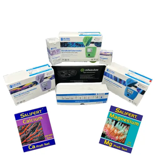 Ultimate Saltwater Aquarium Test Kit Bundle with refractometer and digital testers.