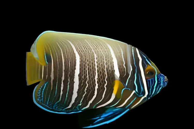 Blueface Angelfish with yellow mask swimming near live rock in marine aquarium