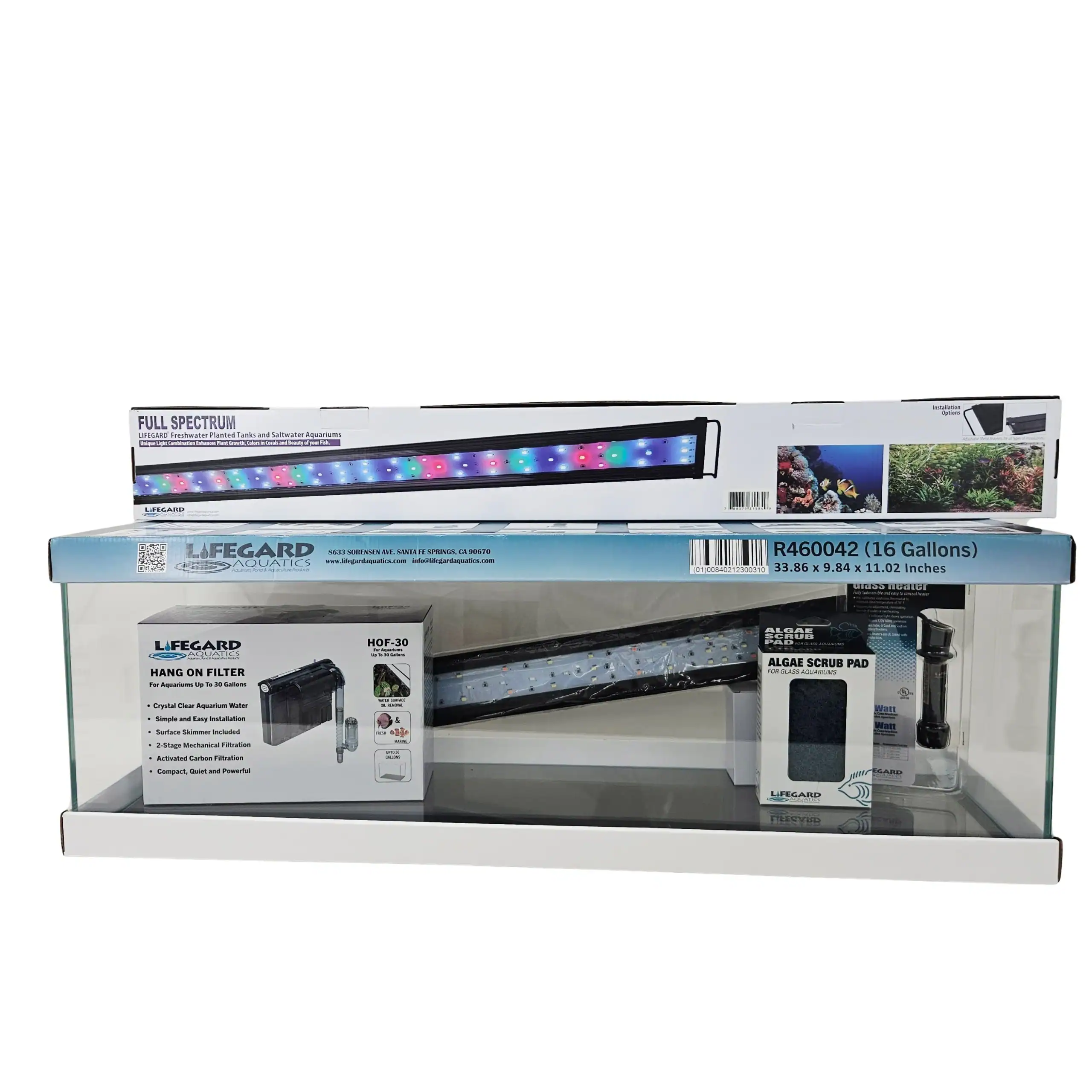 Lifegard Aquatics 16 Gallon Bookshelf Aquarium rimless low iron tank with LED light slim HOB filter and heater