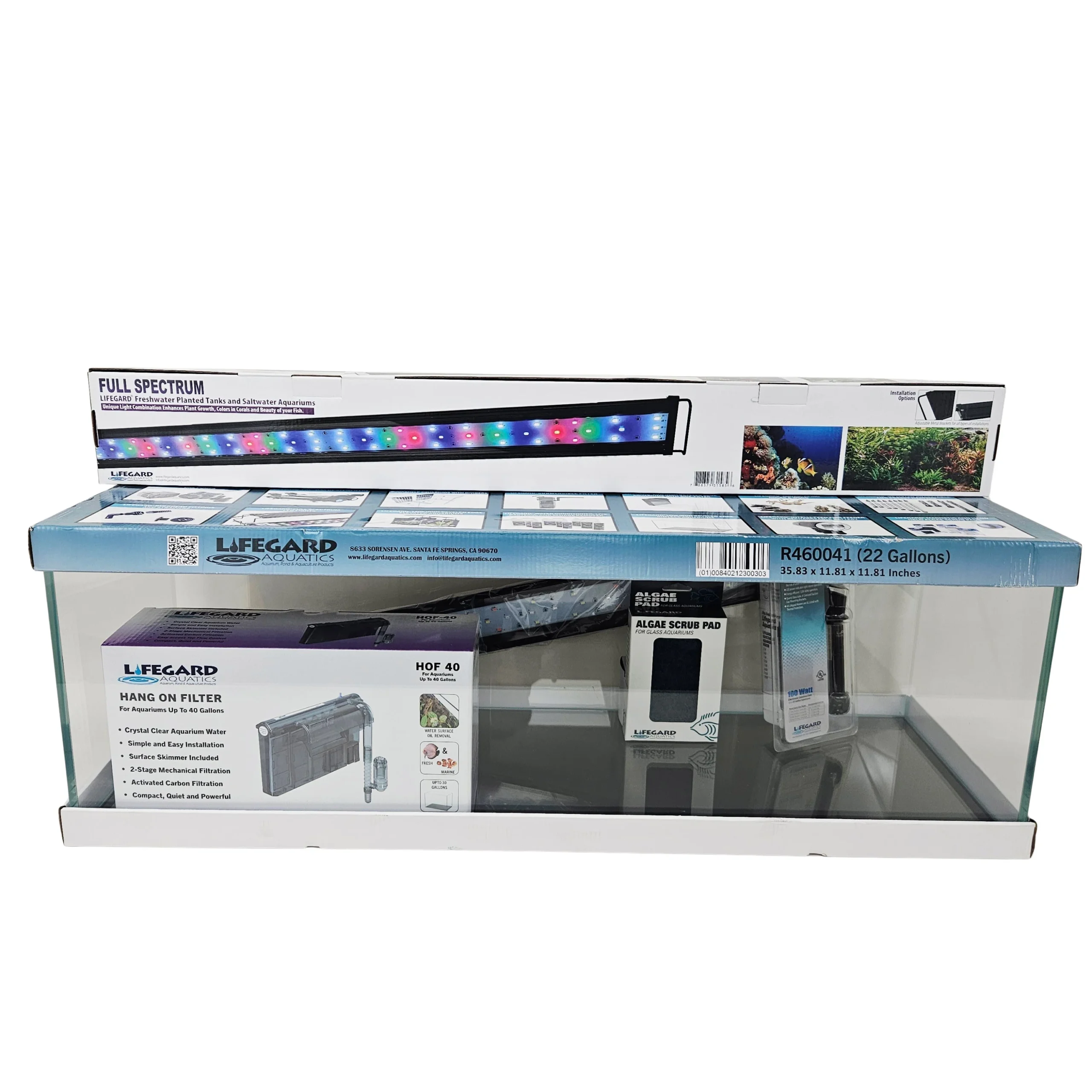 Lifegard Aquatics 22 Gallon Bookshelf Aquarium Kit ultra clear low iron rimless tank with LED filter and heater
