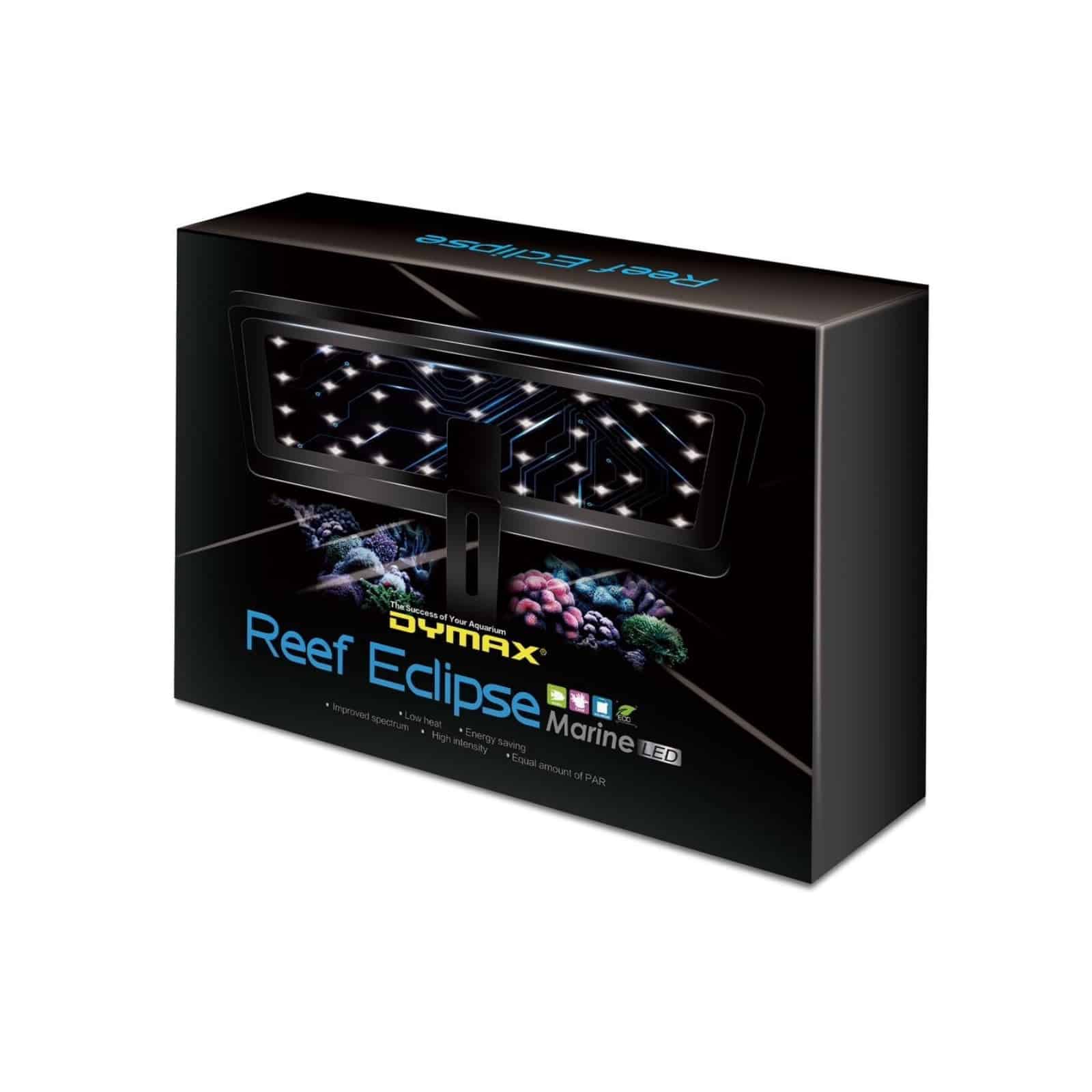 Dymax Reef Eclipse Aquarium LED Light fixture shown in black packaging.