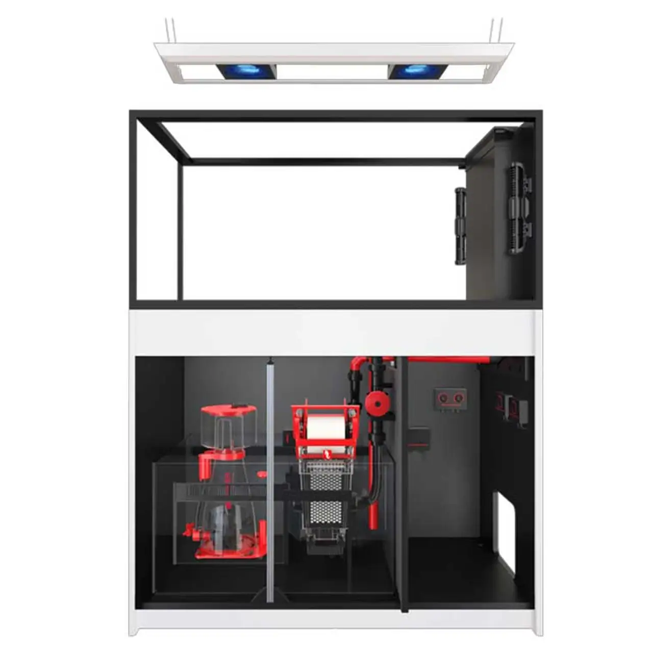 Red Sea REEFER MAX Peninsula 500 G3 White aquarium with ReefLED lighting, ReefWave flow pumps, and smart ReefBeat connectivity.