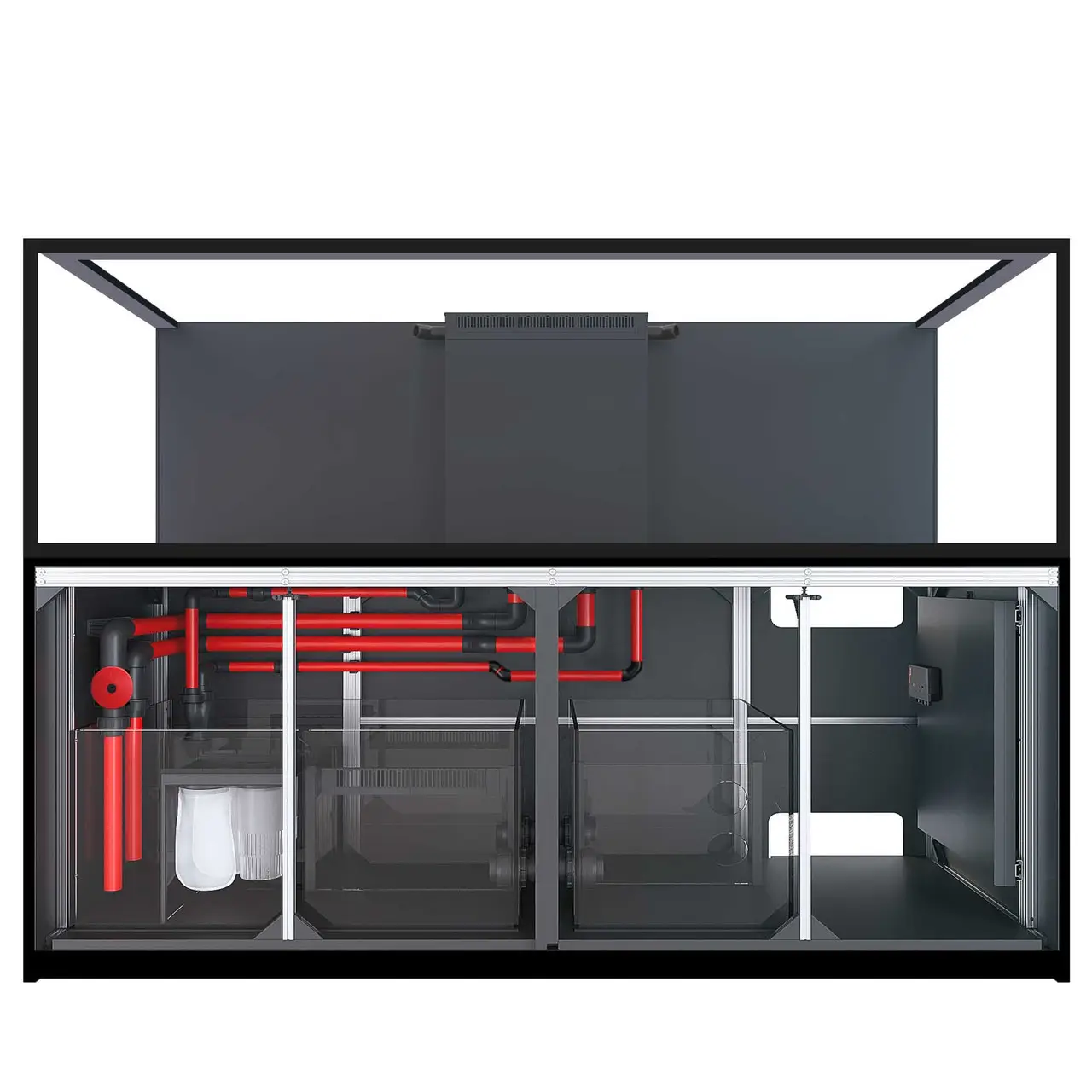 Close-up of Red Sea REEFER MAX S-1000 Black tank showing euro-brace glass, cabinet finish, and integrated ReefATO+ controls for saltwater aquariums.