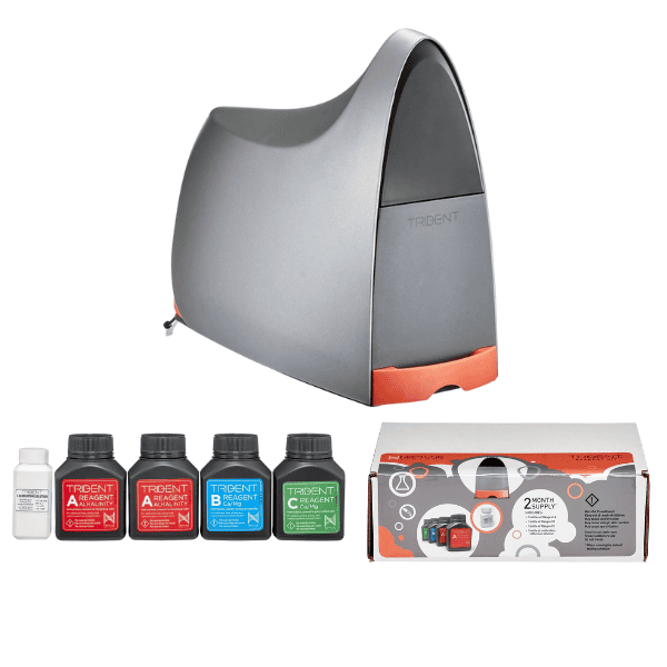 Neptune Systems Trident automated aquarium water analyzer with 2-month reagent kit shown boxed and unboxed.